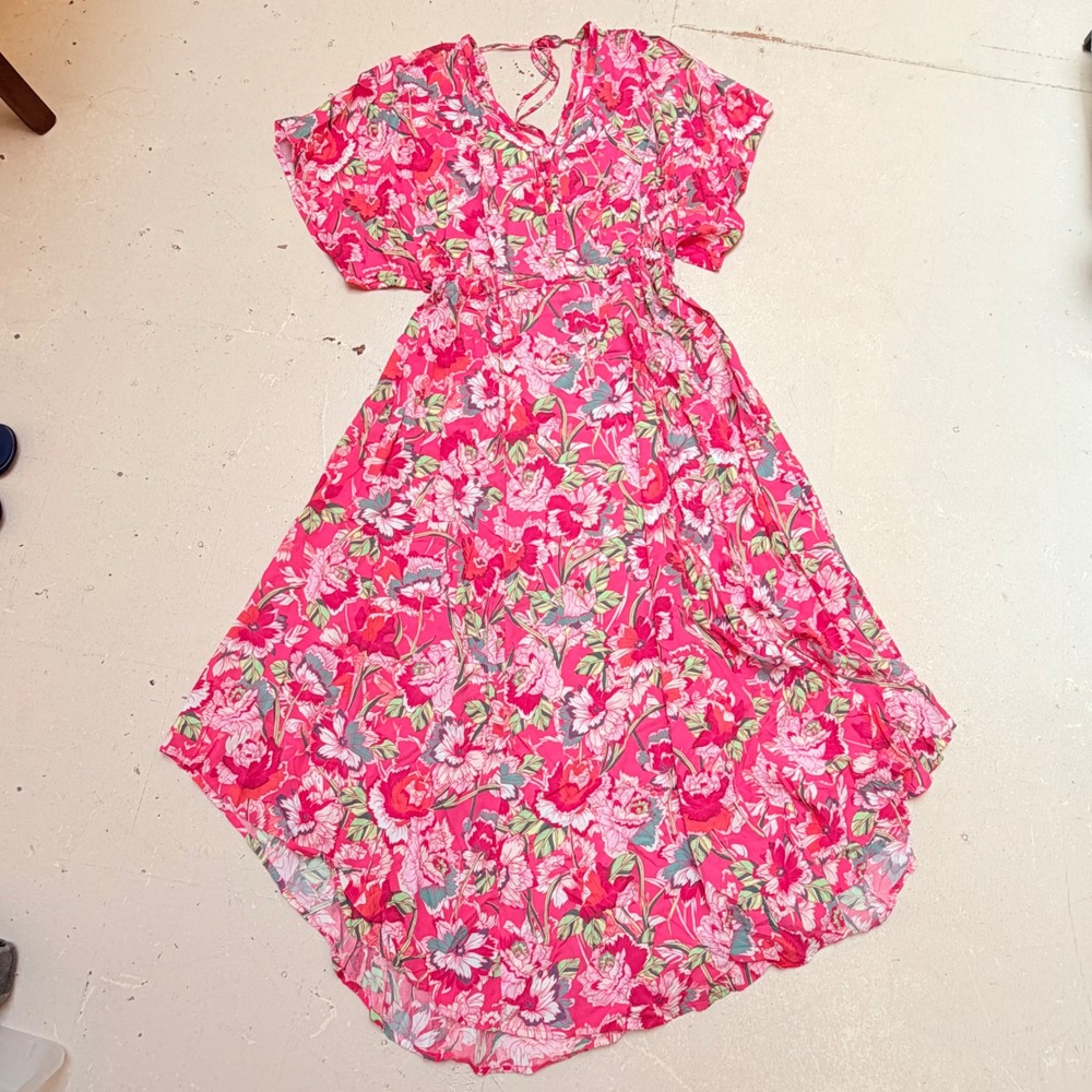Gap Womens Medium Maxi Dress Pink Tropical Floral Kimono Style Sleeves Cottage